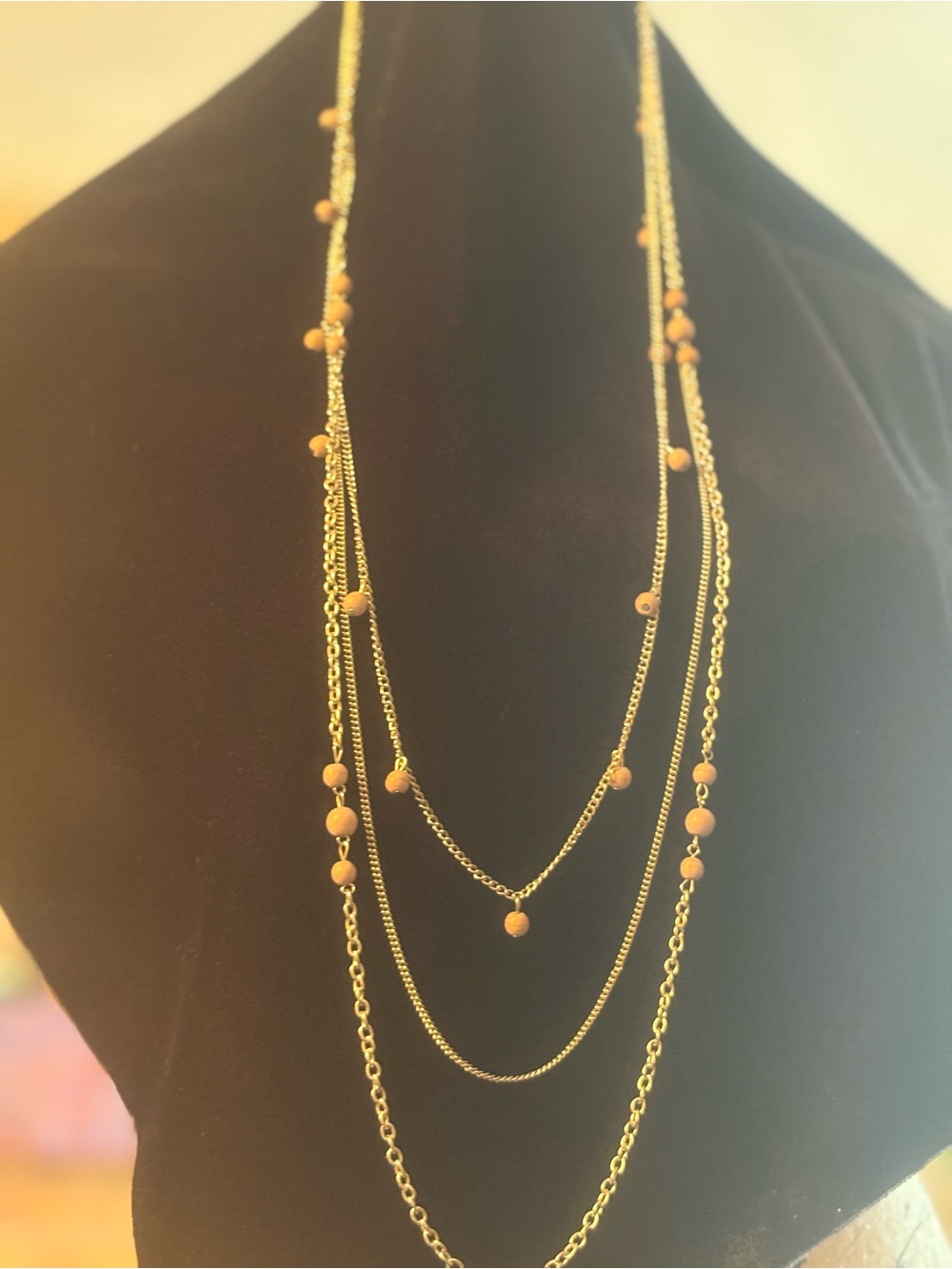 Layered silver tone Necklace with Peach Beads - Women Jewelry
